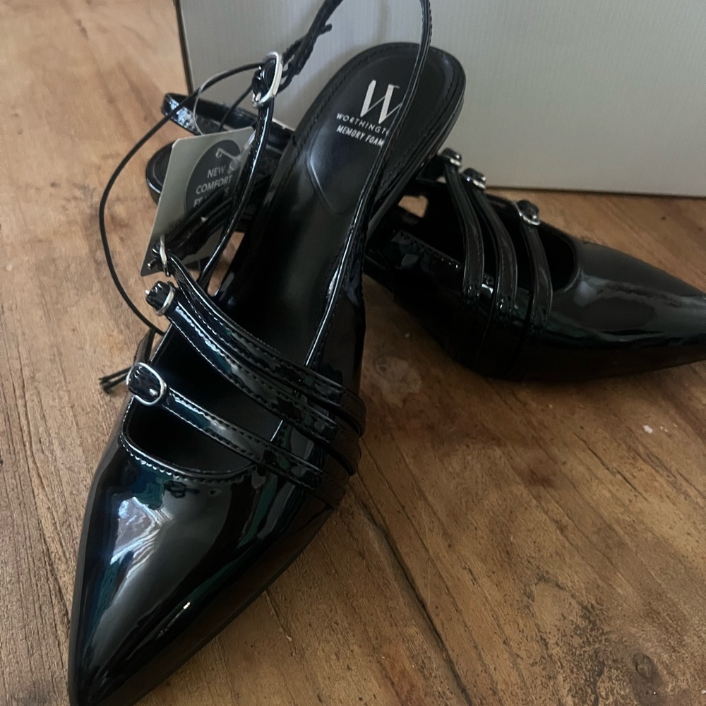 Worthington Black Patent Pointed Slingback Flats with Triple Straps
